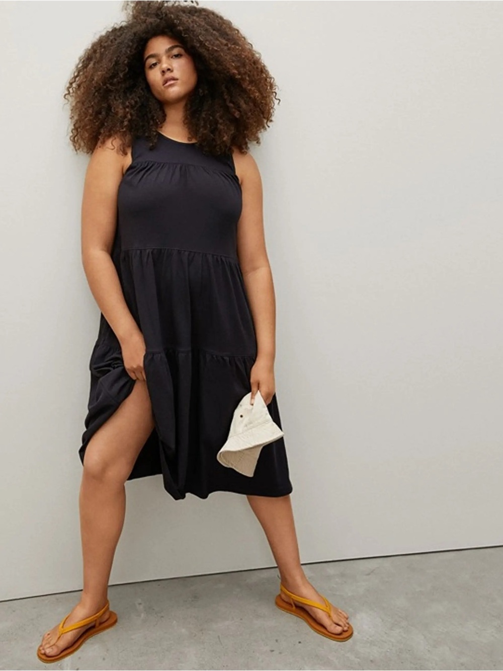 Everlane The Weekend Tiered Dress Sleeveless Black Cotton Midi Dress Size Small